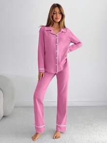 EURMUSE Classic Button Front Pajama Set – Soft Long Sleeve Top & Comfy Straight Leg Pants Loungewear - Baby Pink - View 3