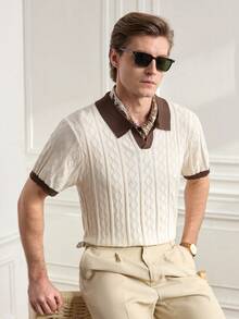 Men's Old Money Contrast Color Short Sleeve Knitted Cable Textured Polo Shirt - Apricot - View 7
