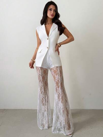 Firerie 女士纯色单排扣马甲和蕾丝喇叭裤优雅套装