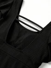 Sweetra CURVE Plus Size Exaggerated Ruffle Puff Sleeve One-Piece Swimsuit For Vacation For Summer - Black - View 5