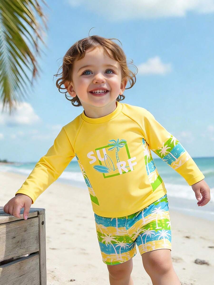 Infant Boy Pale Yellow 2-Piece Swimwear Set,Tropical Palm Tree & Letter Print Long Sleeve Rash Guard & Shorts,Summer Casual Vacation Holiday Outfit - Yellow - View 1