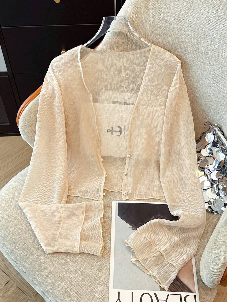 K-Vae Áo khoác cardigan mỏng nhẹ, tinh tế dành cho nữ, kiểu dáng ngắn cài khuy ngọc trai, thích hợp cho mùa hè. - Màu be - Xem 1