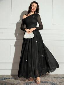 Modelyn 女士纯色不对称领网纱拼接优雅长袖连衣裙 - 黑色 - 查看 5