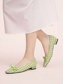 CUCCOO DOLLMOD Women's Green And White Plaid Square Toe Low Vamp Shoes, Satin Bow Flats, Fresh And Sweet Daily Commuting Versatile Women's Shoes - green and white - View 5