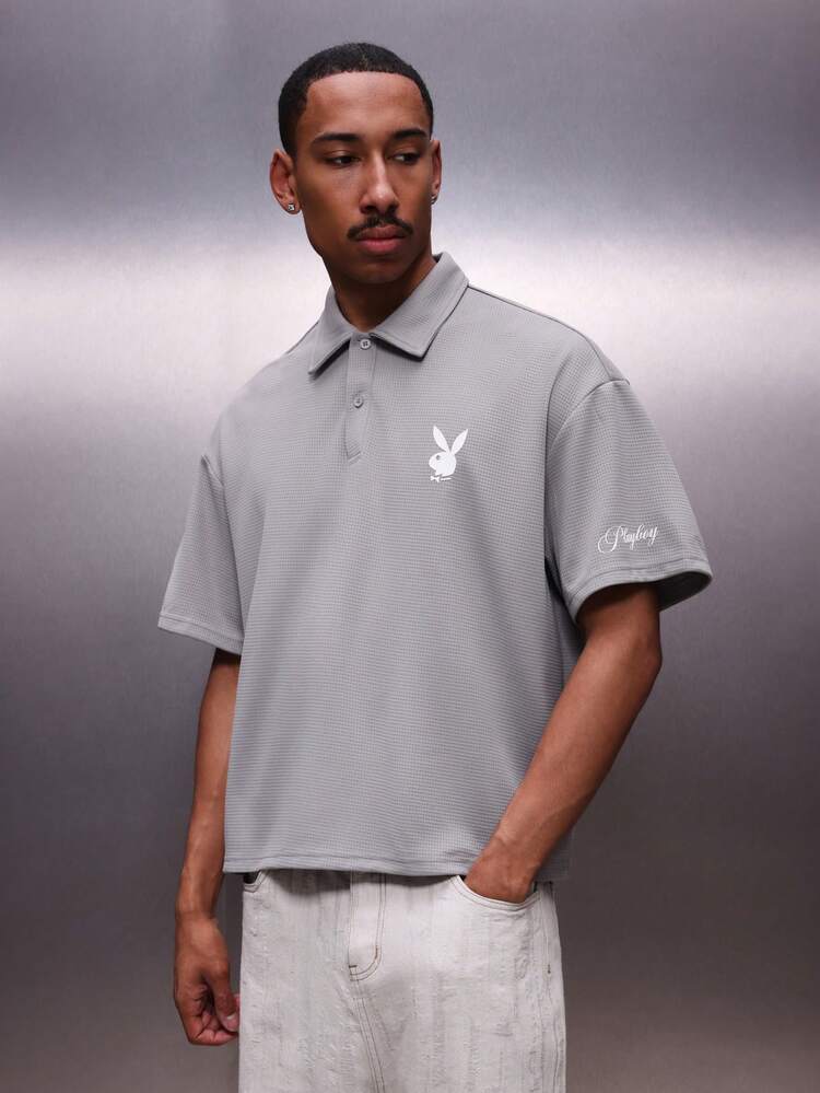PLAYBOY X SUMWON Men's Essential Textured Grey Short Sleeve Polo Shirt With Bunny Logo Regular Fit Casual Summer Golf Collar Top