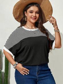 EMERY ROSE Áo thun tay cánh dơi kẻ sọc dành cho nữ cỡ lớn, thích hợp cho mùa xuân. - Đen và trắng - Xem 6