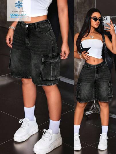 SHEIN ICON Quần short denim nữ mùa hè, kiểu dáng thường ngày, chất liệu denim mài, có túi nắp.