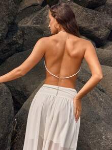 Vacation Beach Sexy Beaded Chain Backless Halter Top,Summer Top - White - View 7