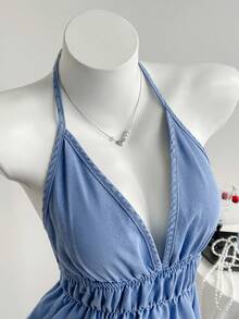 SHEIN Áo croptop denim hở lưng cổ yếm gợi cảm cho mùa hè - Màu xanh lam - Xem 6