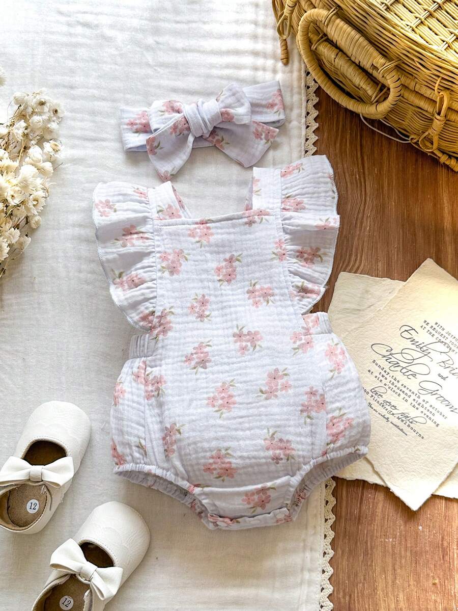 Vintaside Kids 白色與紅色女嬰克蕾普洋裝,可愛櫻桃露背無袖荷葉邊裙襬 1件組附髮帶,夏季家庭穿搭休閒套裝 - 彩色 - 查看 1
