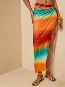 Vesra Women's Vacation Beach Ombre High Slit Skirt - Multicolor - View 1