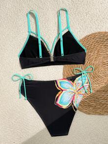 Swim Lushoire 新款夏季女士吊带露背深V领珍珠交叉系带侧三角泳裤印花休闲度假泳装套装 - 彩色 - 查看 4