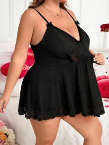 SHEIN CURVE+ 加大码/情人节/大码女式情人节网纱蕾丝吊带背心 - 黑色 - 查看 8