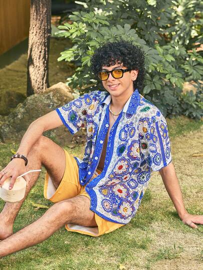 Open Phase 男女通用印花衬衫，米色上衣，几何图案，波西米亚风，夏威夷风，情侣衬衫，格子镂空，休闲外向，年轻人，休闲度假衬衫，情人节礼物，短袖，夏威夷风