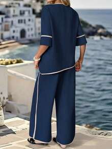 SHEIN Franclia 女士优雅度假休闲拼接撞色两件套 - 寶藍色 - 查看 2
