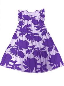 EMERY ROSE Women's Casual Plant Print Round Neck Ruffle Sleeve Dress, Suitable For Vacation - Mauve Purple - View 2