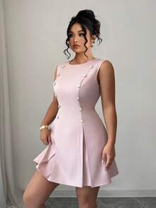 Elenzga Váy mini thanh lịch cổ tròn không tay hai hàng khuy đính vỏ sò đính đá cỡ lớn, buộc eo, màu hồng, dáng chữ A - Hồng - Xem 3