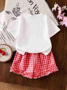 SHEIN Genkimix Kids 2件套少女品牌T恤套装，韩版宽松可爱露脐两件套，夏季 - 白色 - 查看 2