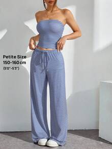 SHEIN PETITE Bộ đồ 2 món áo crop top và quần in họa tiết sọc dành cho nữ, giản dị và vừa vặn - Xanh và trắng - Xem 9