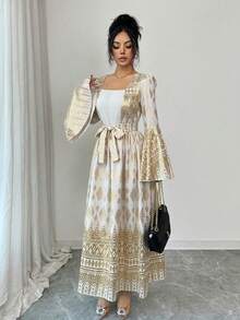 Rafferiza Vestido con estampado floral de manga acampanada con lámina de oro para mujer - Blanco - Ver 6