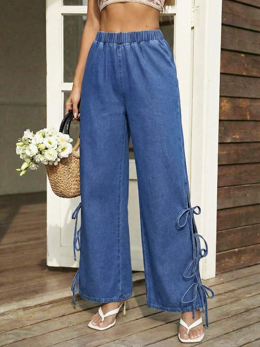 Sunnyshic Women's Elastic Waist Knotted Casual Versatile Daily Wear Wide Leg Jeans - Blue - View 1