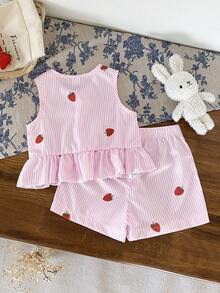 SHEIN Infant/Toddler Girls' Strawberry Bow Sleeveless Top And Shorts Set - Pink - View 2
