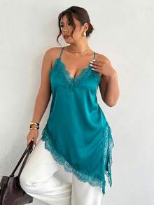 Firerie Top sexy de talla grande con unicolor y patchwork de encaje - Agua verde azul - Ver 6