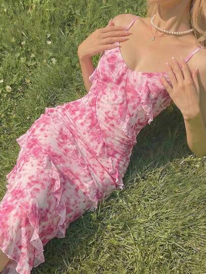 SHEIN MOD Women's Elegant All-Over Print Ruffle Asymmetric Hem Spaghetti Strap Midi Dress, Summer