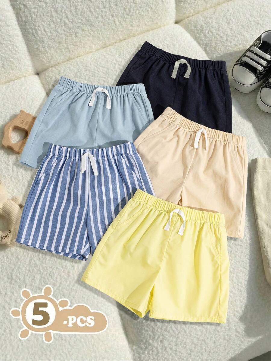 SHEIN Playful Pals 5件組男嬰童服套裝 小男孩休閒時尚條紋素色抽繩鬆緊腰短褲 柔軟舒適多件組 - 彩色 - 查看 1