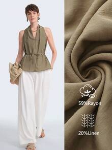 Aalyst 女士橄榄绿亚麻V领褶皱领腰带宽松无袖衬衫，优雅法式浪漫复古办公通勤商务休闲海滩度假简约百搭衬衫，春夏新款 - 軍綠色 - 查看 4