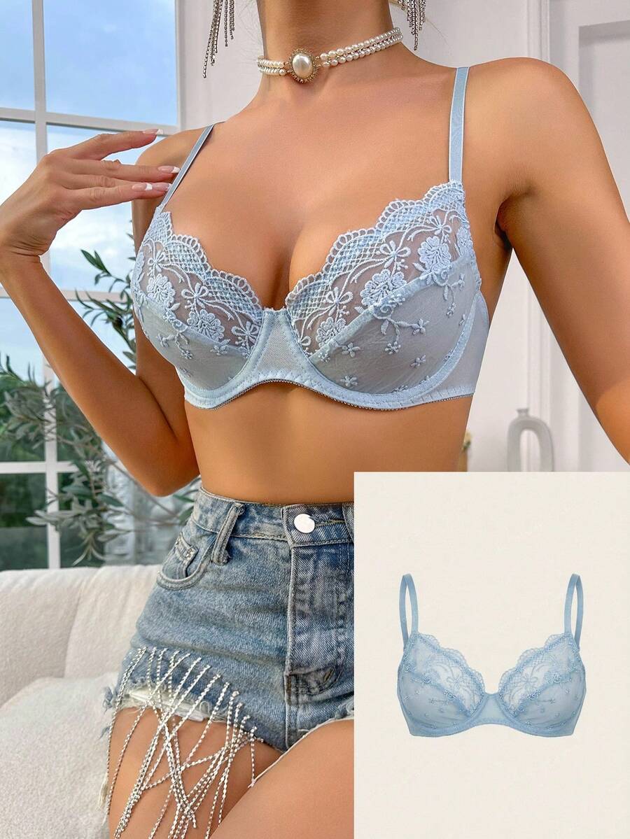 FloralLove Lencería De Sujetador Con Aros Y Encaje Floral - Azul - Ver 1