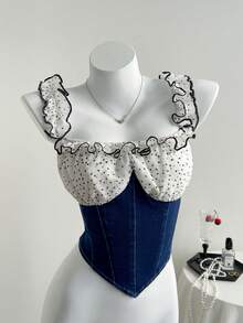 Elamini Women's Polka Dot Patchwork Ruched Casual Versatile Date Outing Denim Top - Multicolor - View 1