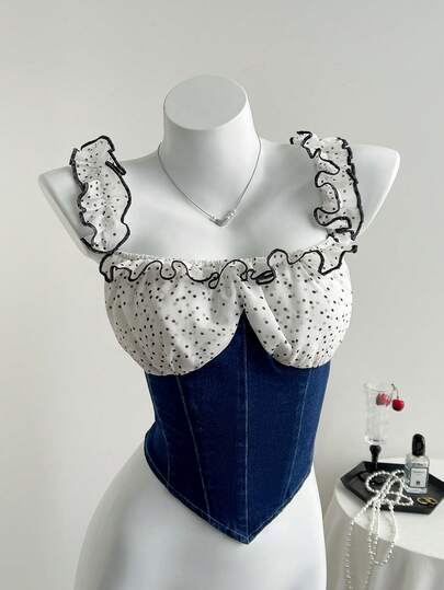 Elamini Women's Polka Dot Patchwork Ruched Casual Versatile Date Outing Denim Top