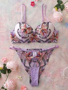 Elorette 2pcs Lavender Floral Embroidered Butterfly Pattern Balconette Bra Set, High Support, Lift & Cleavage, Comfortable Push-Up - Lilac Purple - View 1