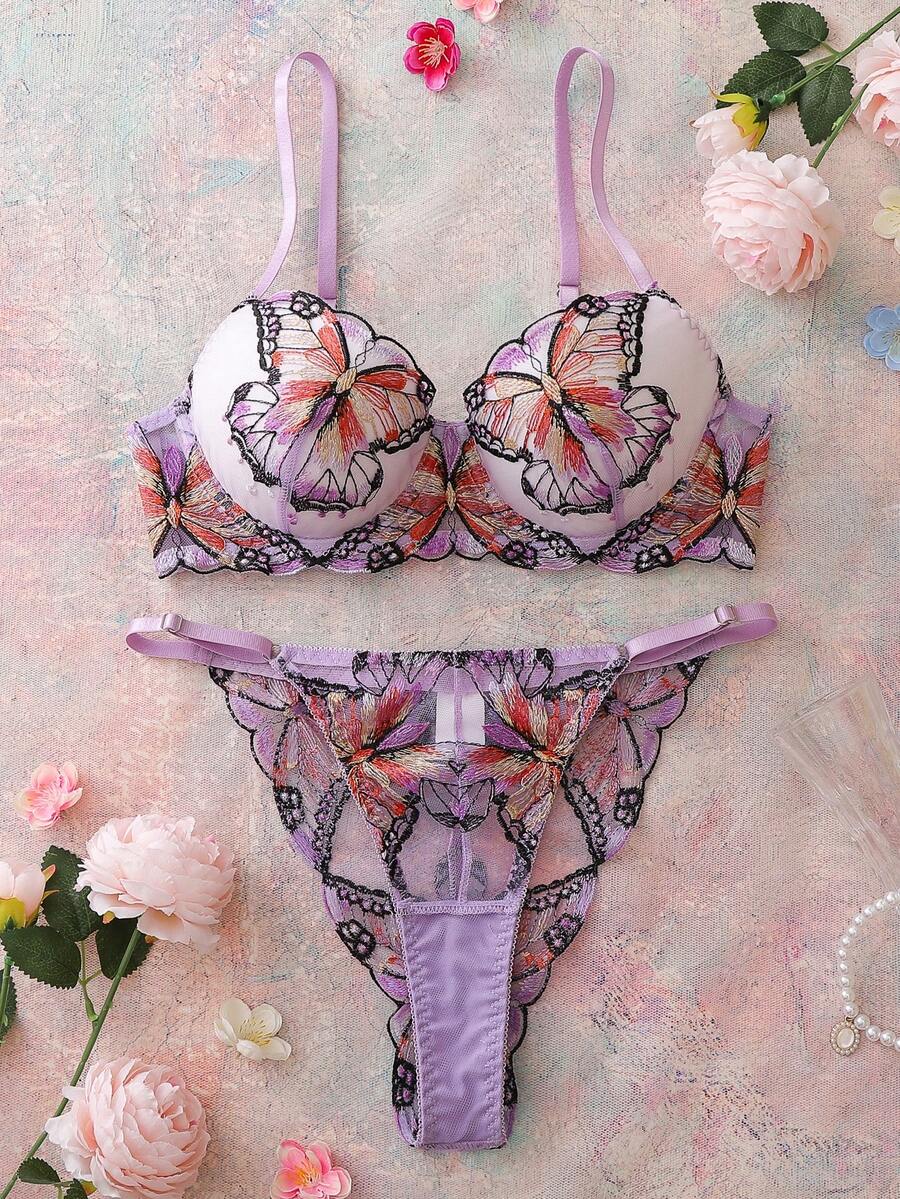 Elorette 2pcs Lavender Floral Embroidered Butterfly Pattern Balconette Bra Set, High Support, Lift & Cleavage, Comfortable Push-Up - Lilac Purple - View 1