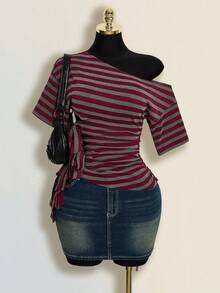 SHEIN ICON Y2k 女款哥特风 Coachella 音乐节俱乐部嬉皮辣妹中国风红黑条纹不对称肩短袖侧扭结时尚上衣，夏季 - 彩色 - 查看 12