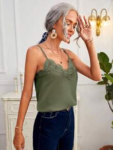 SHEIN Frenchy 纯色蕾丝拼接休闲日常吊带衫 - 薄荷綠 - 查看 3