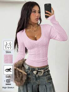 Coolane Women's Winter Vintage Preppy Y2K Daily Wear Going Out Renaissance Fair Club Pink V-Neck Sweater,Fall,Winter - Baby Pink - View 2