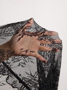 Freevana 波西米亚风春夏新款音乐节蕾丝薄纱连衣裙，V领荷叶边宽松罩衫，层叠度假风优雅长裙 - 黑色 - 查看 8