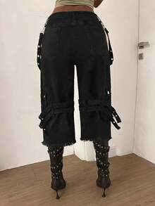 StreetHx Women's Summer Street Style Frayed Hem Loose Fit Jeans - Black - View 2