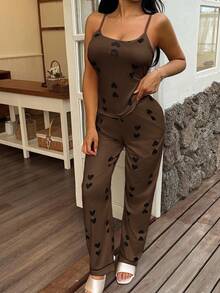 SHEIN Women's Heart Print Knit Camisole And Lounge Pants PJS, Comfortable Casual Sleepwear Choco Brown Dress For Women PJS Women Summer Lounge Sets - Brown - View 4