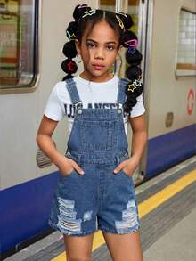 SHEIN Tween Girls Summer Beach Boho Light Washed Slant Pocket Denim Overall Jumpsuit Romper Without Tee,Girls Summer Casual Concert Rave Outfits Graduation Outfit,Everyday Wear - Medium Wash - View 6