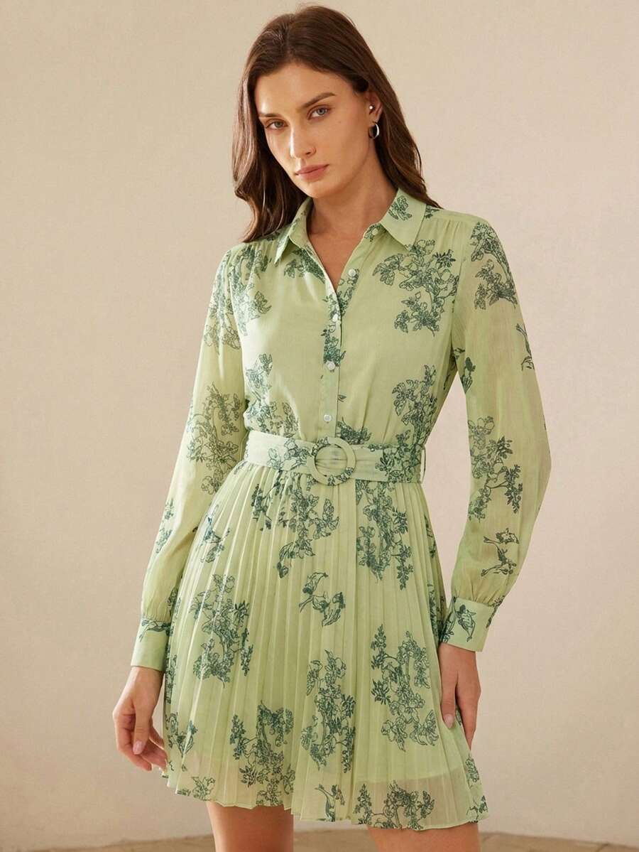 Aveloria Rosie 花卉印花腰带纽扣连衣裙度假装女装 - 黃色 - 查看 1