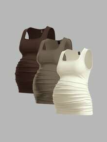 Modmama 3pcs Maternity Women's Solid Color Slimming Tank Tops, Casual & Simple, Perfect For Summer - Brown - View 3
