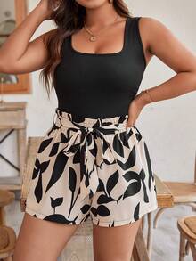 SHEIN Frenchy Plus-Size Leisure Vacational Style Solid Color Square Neck Vest And Printed Tie-Front Shorts Set - Multicolor - View 4