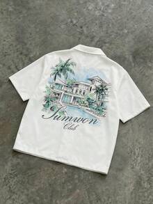 SUMWON Camisa de manga corta con botones y estampado tropical de villas, palmeras y arquitectura para vacaciones de verano, gráfico de club, blanca, informal para hombre - Blanco - Ver 3