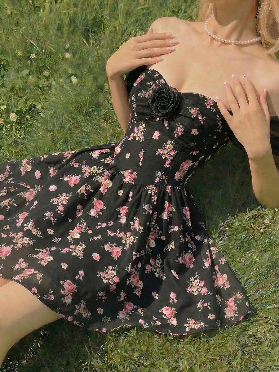 SHEIN MOD Off-Shoulder Fishtail Waist Flared Floral Print Mini Dress With Black Background - Multicolor - View 1