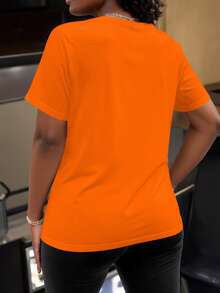 Maweii Plus Size Minimalist Printed Round Neck Short Sleeve T-Shirt - Orange - View 2