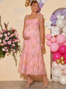 Loomaby Elegant Floral Embroidered Mesh Strap Maternity Dress For Party - Pink - View 5