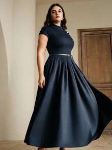 Anewsta New Elegant Round Neck Cap Sleeve Knit Patchwork Flared Waist Dress With Belt, Plus Size - Navy Blue - View 4